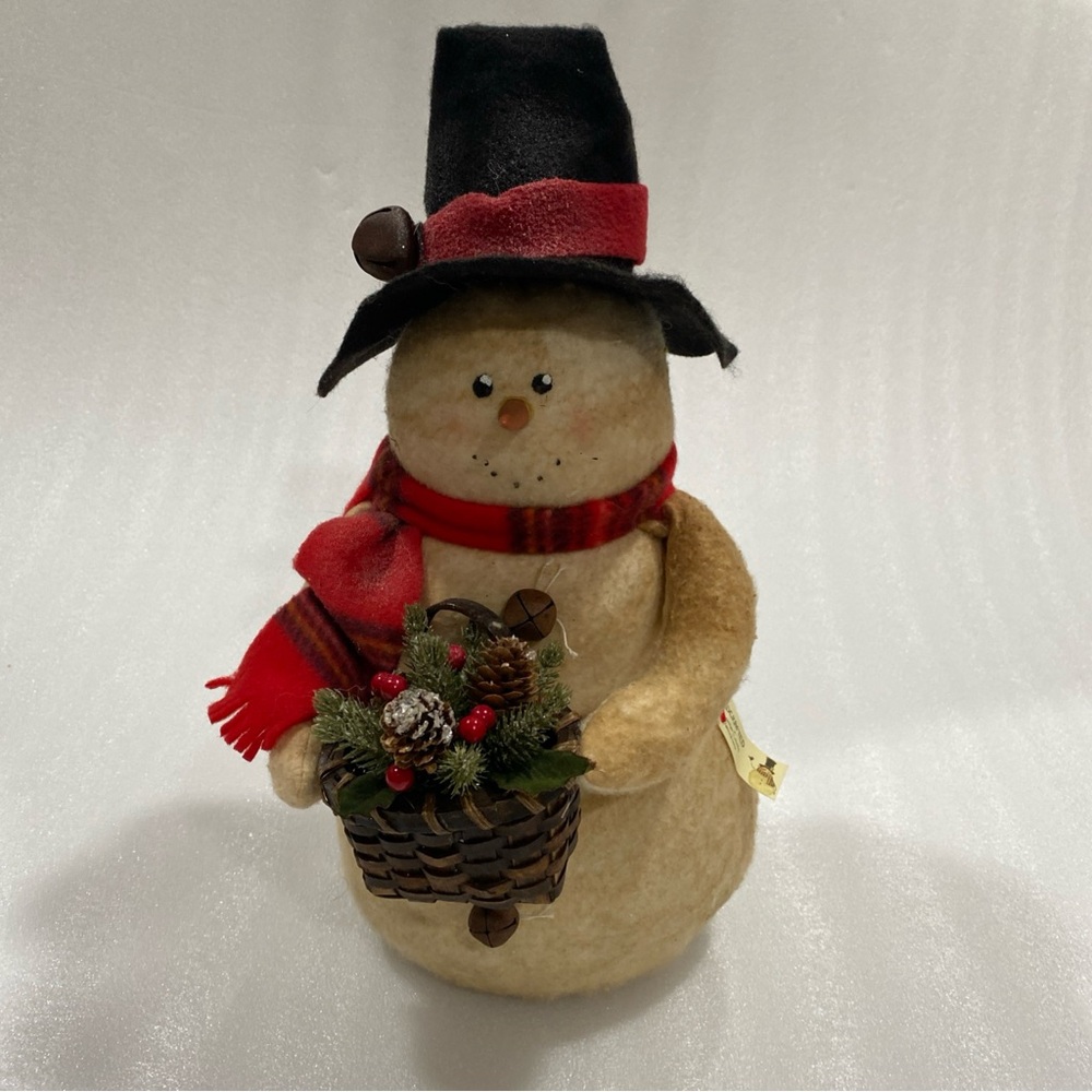 Handcrafted Stuffed Snowman Decoration Vintage Style 15.5” Basket Bells Winter